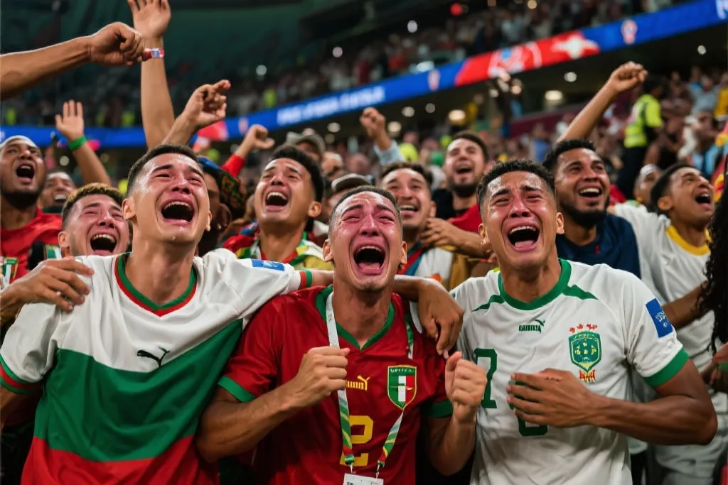 身着国家队战袍的球员与球迷激情庆祝，泪水与笑容交织